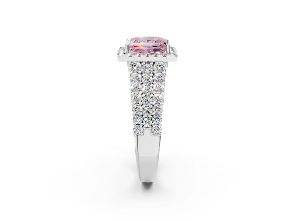 White gold Fancy Pink Princess Cut Halo Pavé Diamond Engagement Ring with Split Shank and Four-Prong Setting