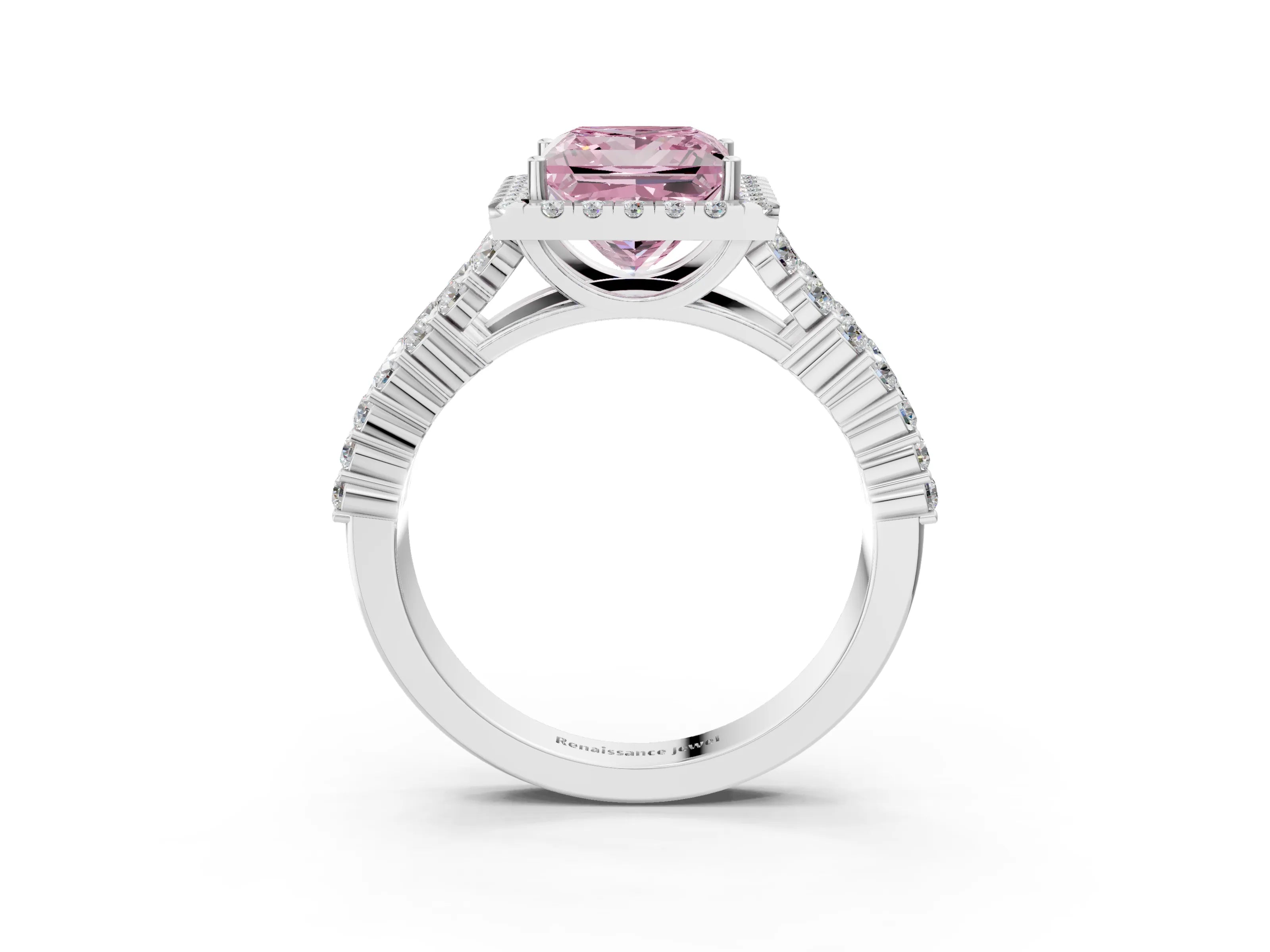 White gold Fancy Pink Princess Cut Halo Pavé Diamond Engagement Ring with Split Shank and Four-Prong Setting_6