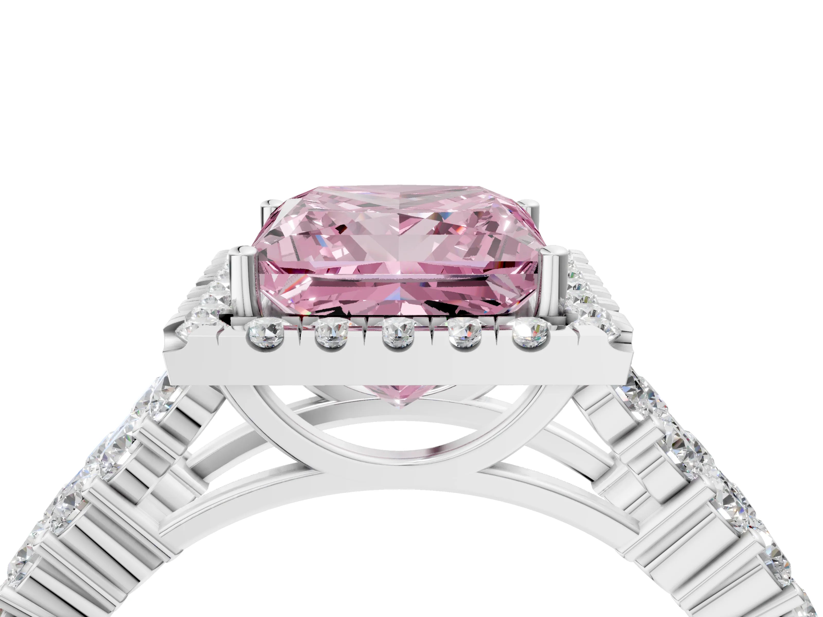 White gold Fancy Pink Princess Cut Halo Pavé Diamond Engagement Ring with Split Shank and Four-Prong Setting_7