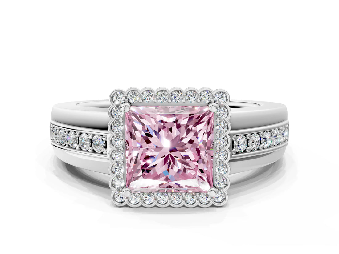 White gold Fancy Pink Princess  Cut Halo Pave Band Four-Prong Ring_29