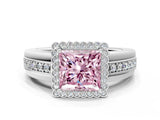 White gold Fancy Pink Princess  Cut Halo Pave Band Four-Prong Ring_29