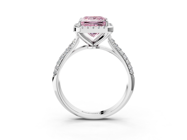 Platinum Fancy Pink Princess  Cut Halo Pave Band Four-Prong Setting Ring