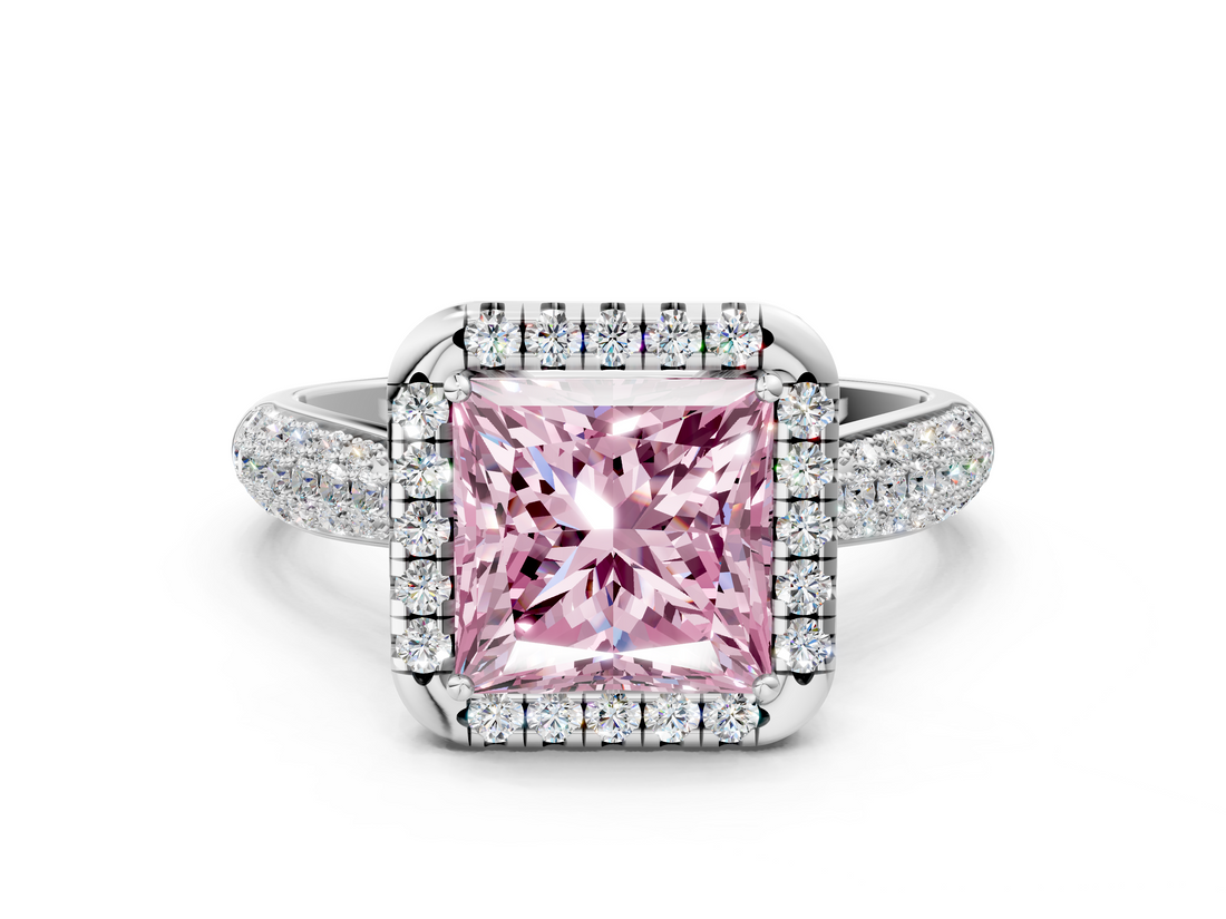 White gold Fancy Pink Princess  Cut Halo Pave Band Four-Prong Setting Ring