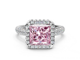 White gold Fancy Pink Princess  Cut Halo Pave Band Four-Prong Setting Ring