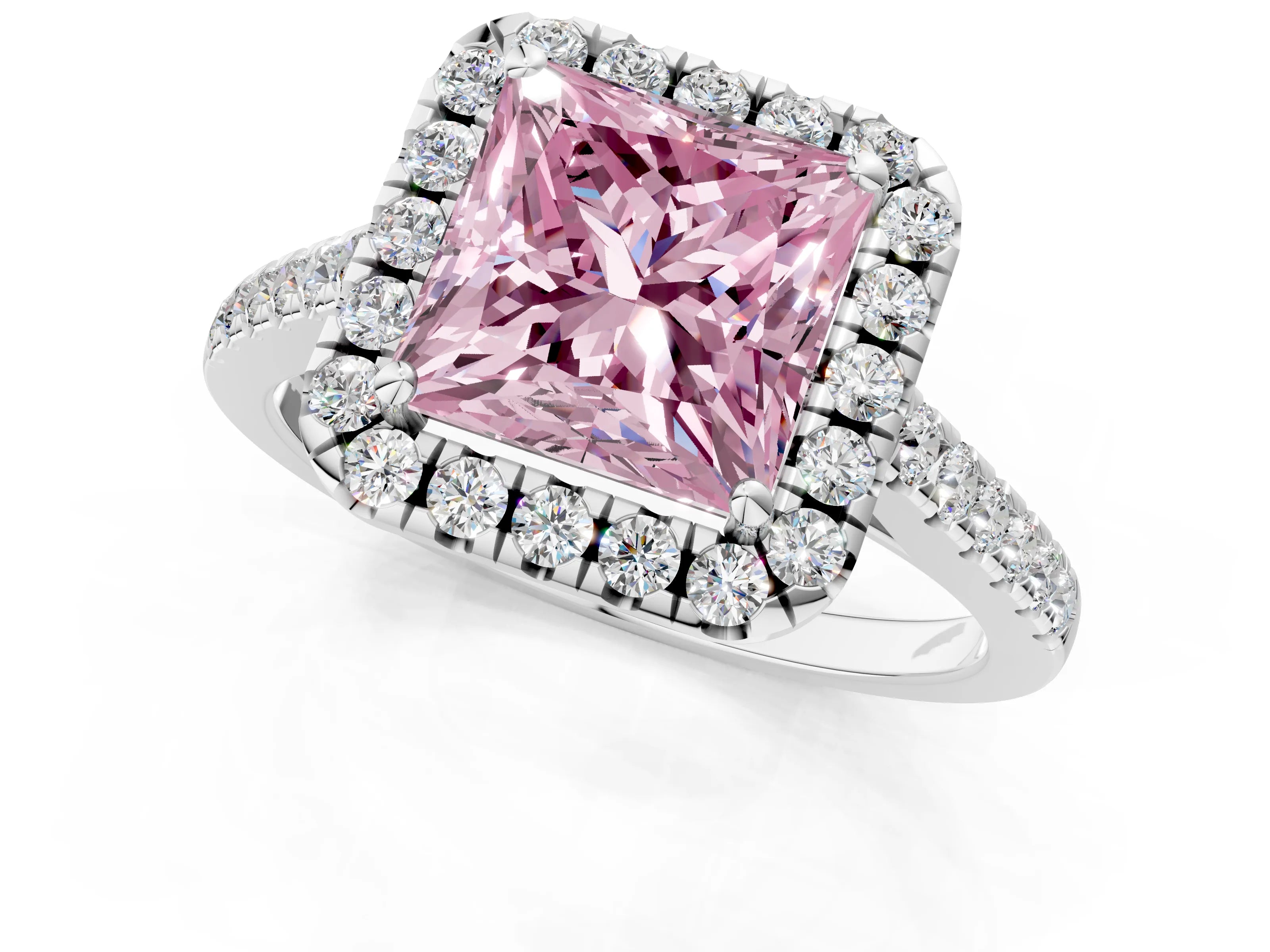 White gold Fancy Pink Princess Cut Halo Pave Diamond Engagement Ring with Four-Prong Setting_1