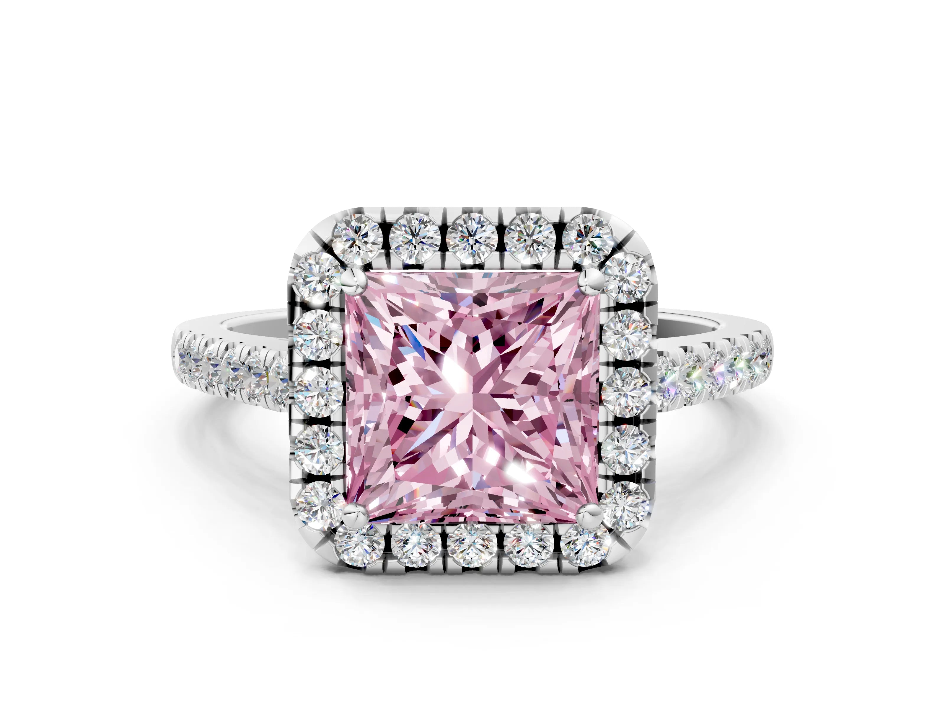 White gold Fancy Pink Princess Cut Halo Pave Diamond Engagement Ring with Four-Prong Setting