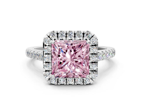 White gold Fancy Pink Princess Cut Halo Pave Diamond Engagement Ring with Four-Prong Setting