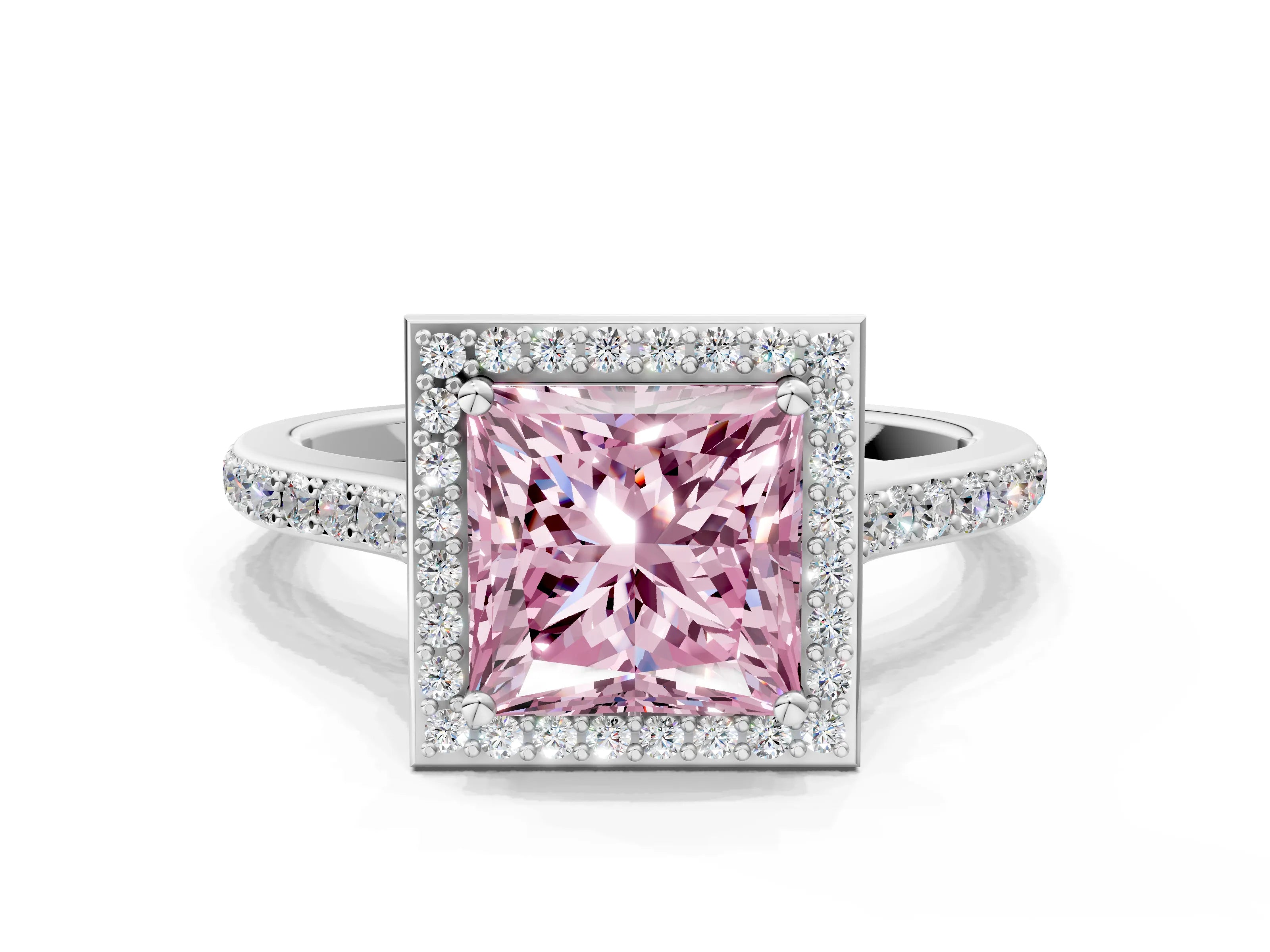 White gold Fancy Pink Princess Cut Halo Round Diamond Pavé Band with Four-Prong Setting_33