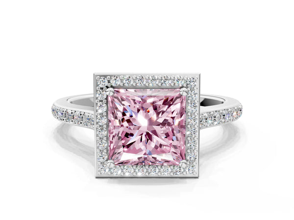 White gold Fancy Pink Princess Cut Halo Round Diamond Pavé Band with Four-Prong Setting