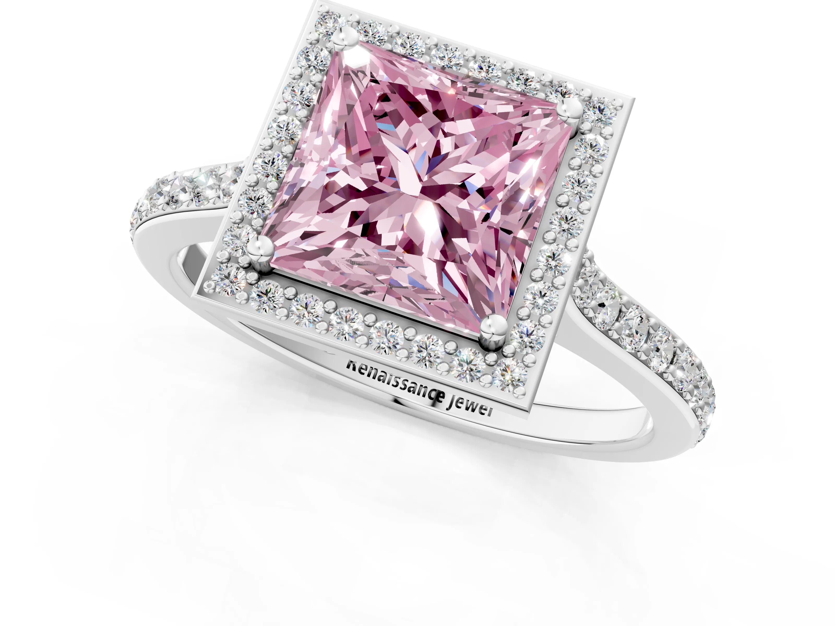 White gold Fancy Pink Princess Cut Halo Round Diamond Pavé Band with Four-Prong Setting_34