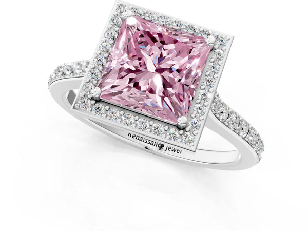 White gold Fancy Pink Princess Cut Halo Round Diamond Pavé Band with Four-Prong Setting