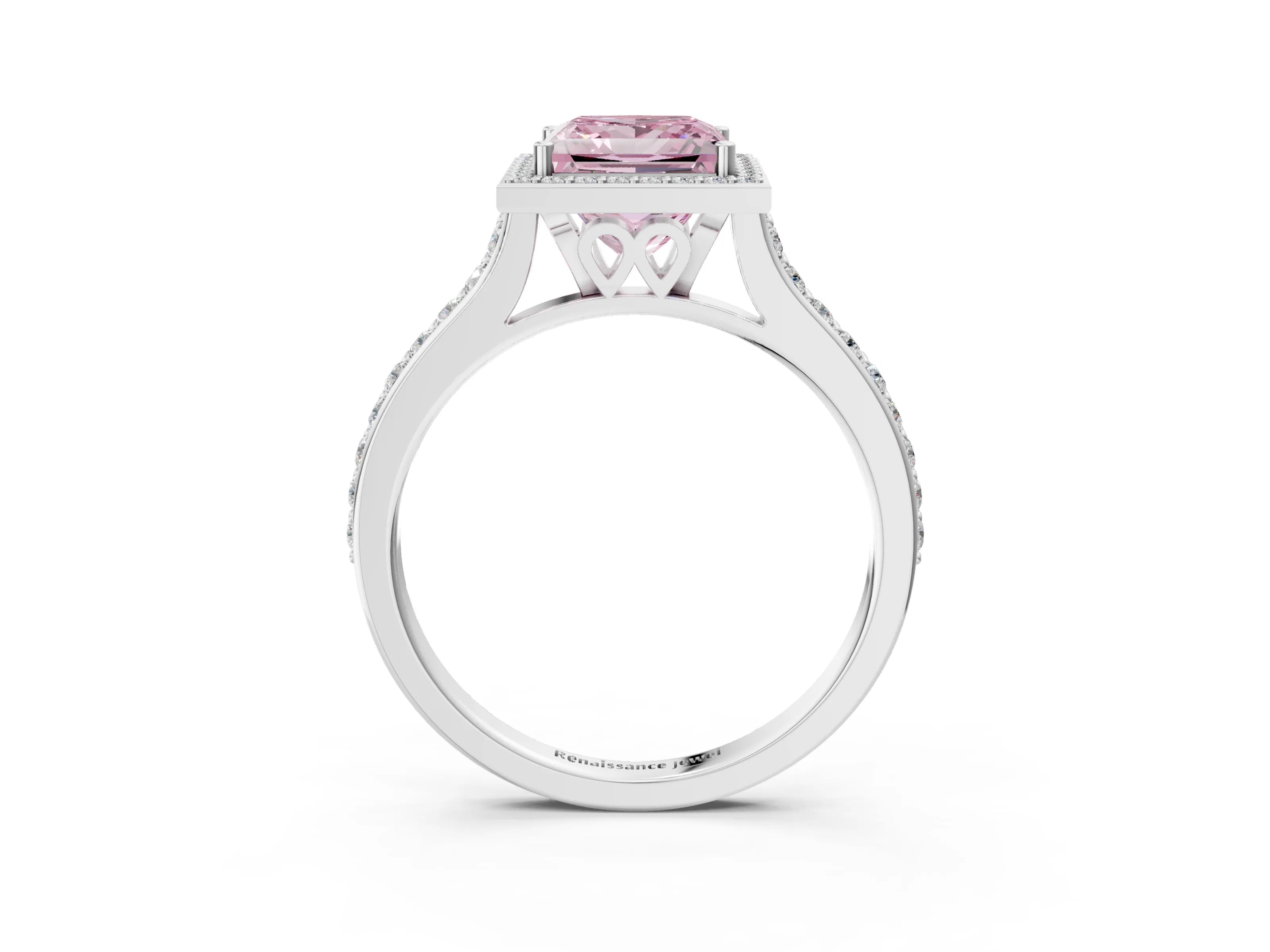 White gold Fancy Pink Princess Cut Halo Round Diamond Pavé Band with Four-Prong Setting_36