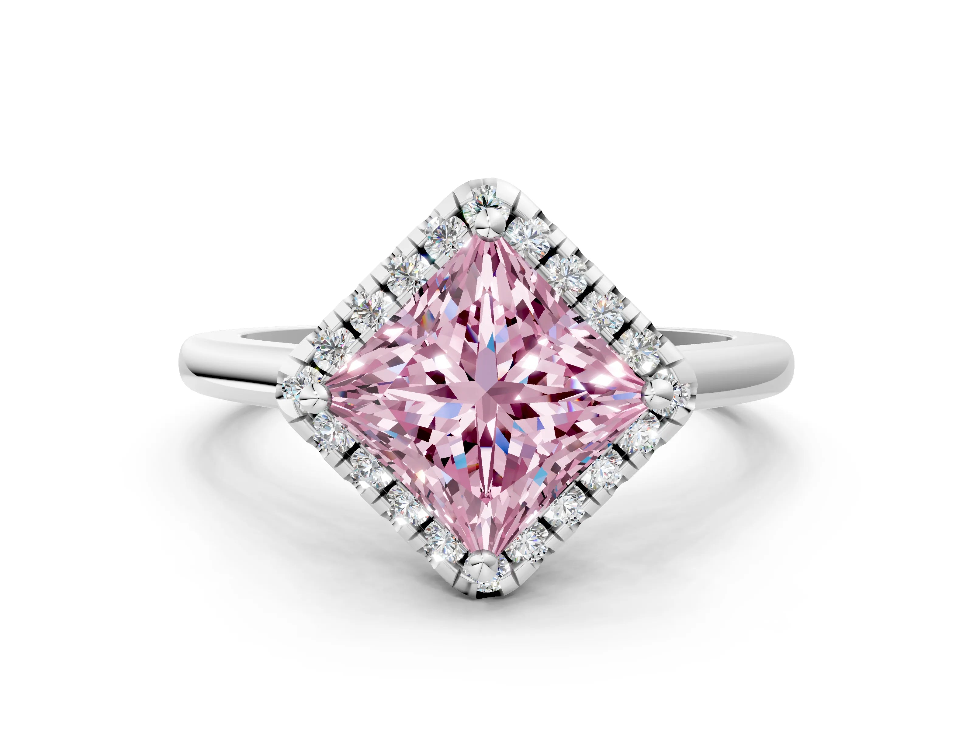 White gold Fancy Pink Princess Cut Halo Round Diamond Solitaire Engagement Ring with Pave Band and Four-Prong Setting_24