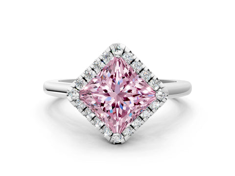 White gold Fancy Pink Princess Cut Halo Round Diamond Solitaire Engagement Ring with Pave Band and Four-Prong Setting_24