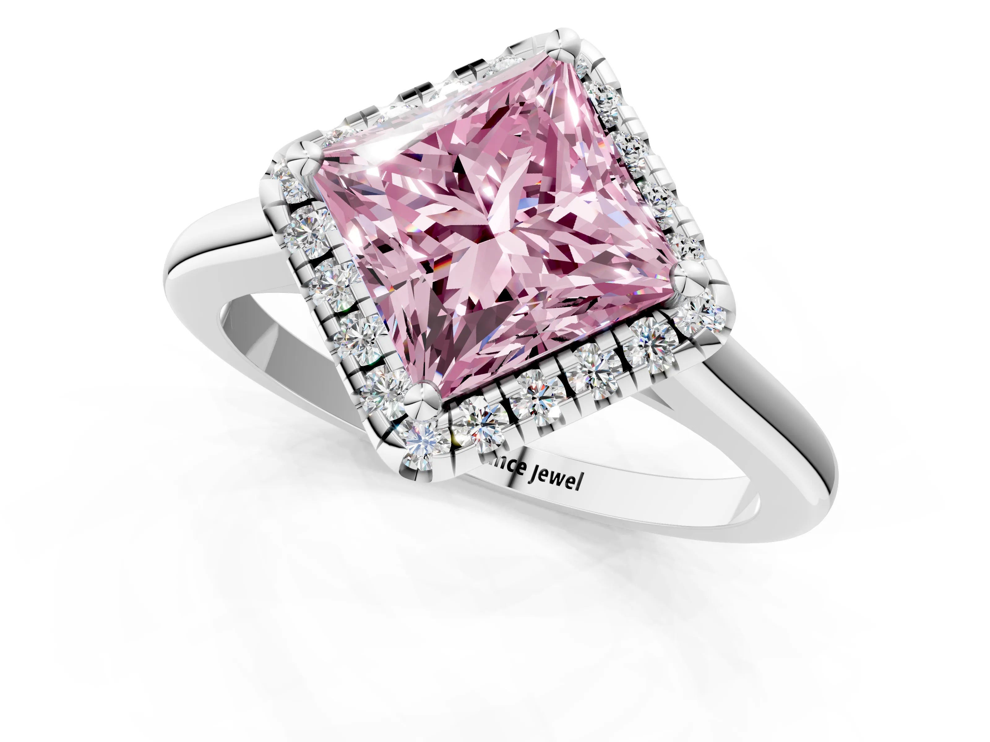 White gold Fancy Pink Princess Cut Halo Round Diamond Solitaire Engagement Ring with Pave Band and Four-Prong Setting_25