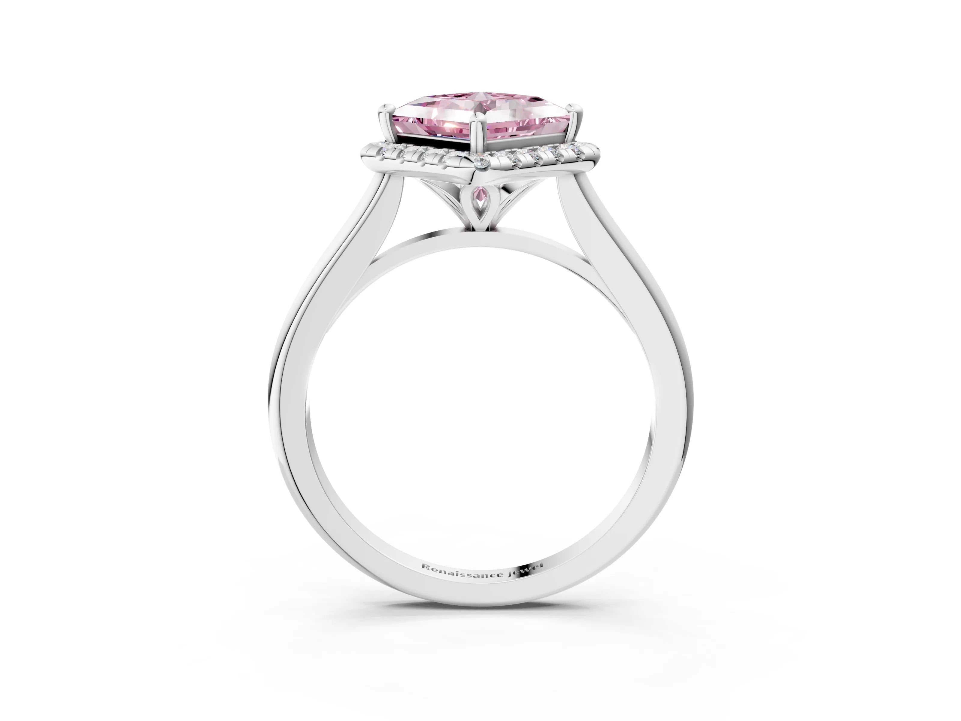White gold Fancy Pink Princess Cut Halo Round Diamond Solitaire Engagement Ring with Pave Band and Four-Prong Setting_27