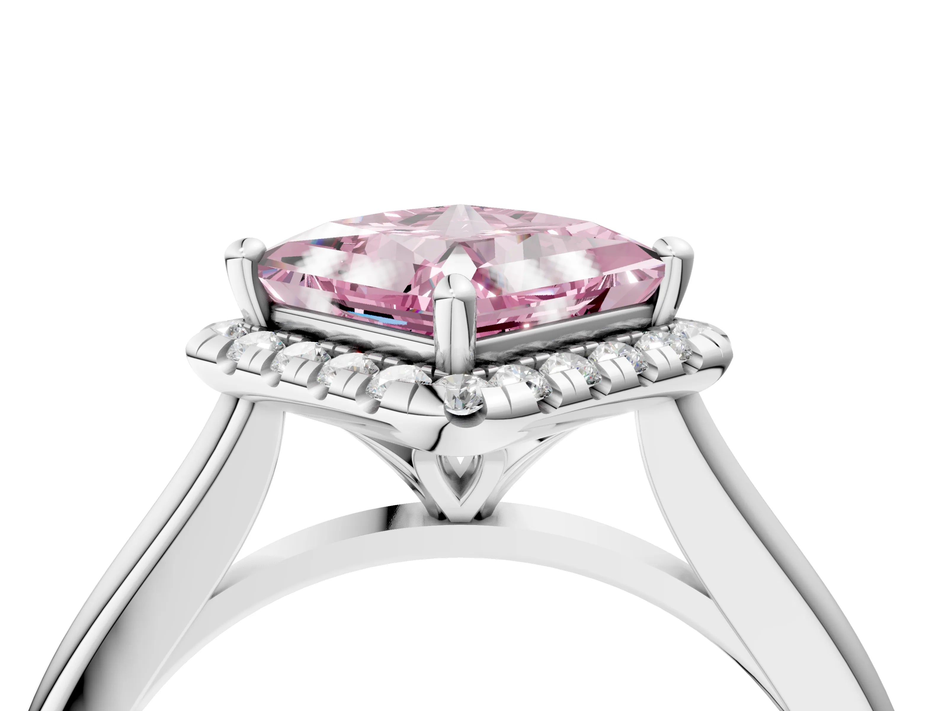 White gold Fancy Pink Princess Cut Halo Round Diamond Solitaire Engagement Ring with Pave Band and Four-Prong Setting_28
