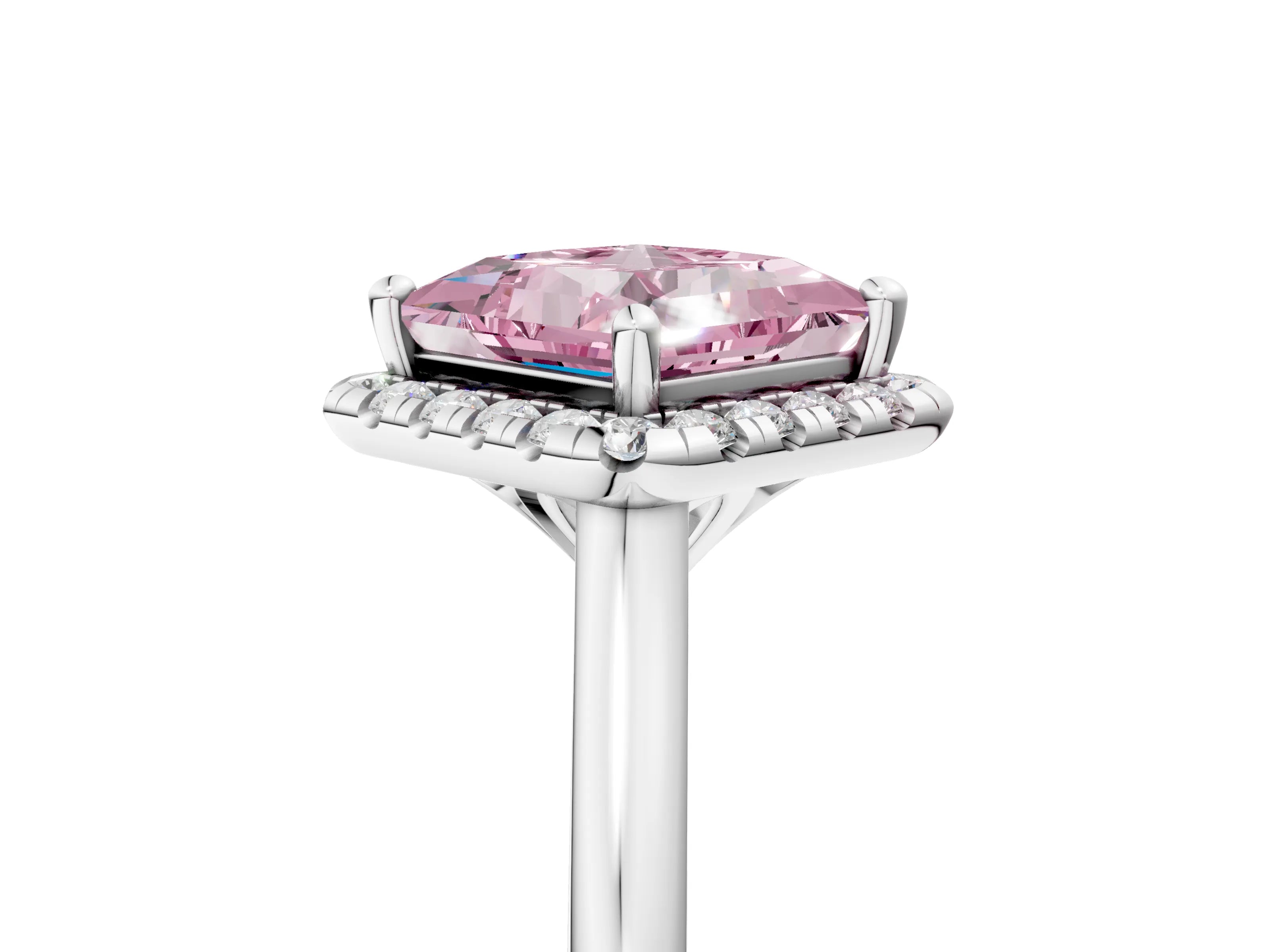 White gold Fancy Pink Princess Cut Halo Round Diamond Solitaire Engagement Ring with Pave Band and Four-Prong Setting_29