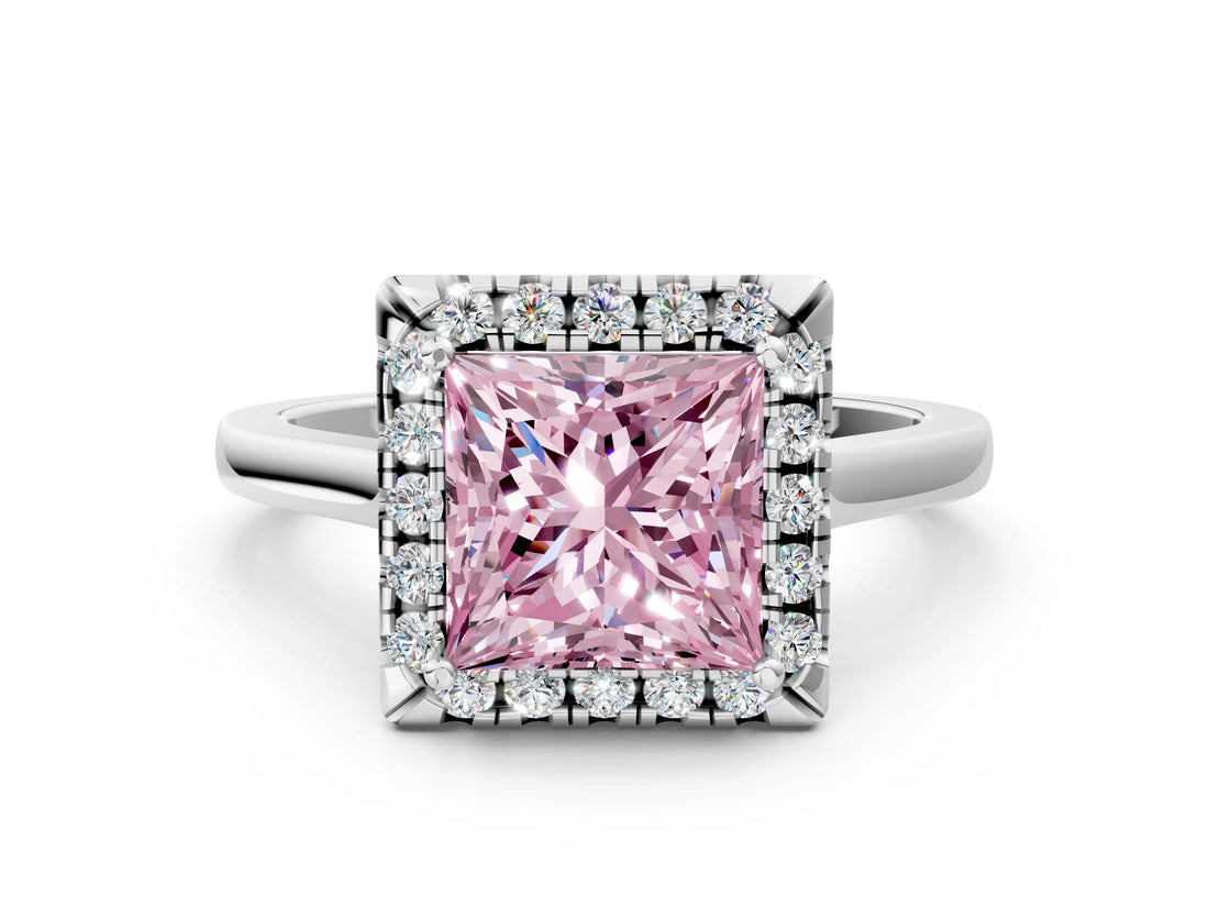 White gold Fancy Pink Princess Cut Halo Round Diamond Solitaire Ring with Pavé Band and Four-Prong Setting_12