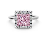 White gold Fancy Pink Princess Cut Halo Round Diamond Solitaire Ring with Pavé Band and Four-Prong Setting_12