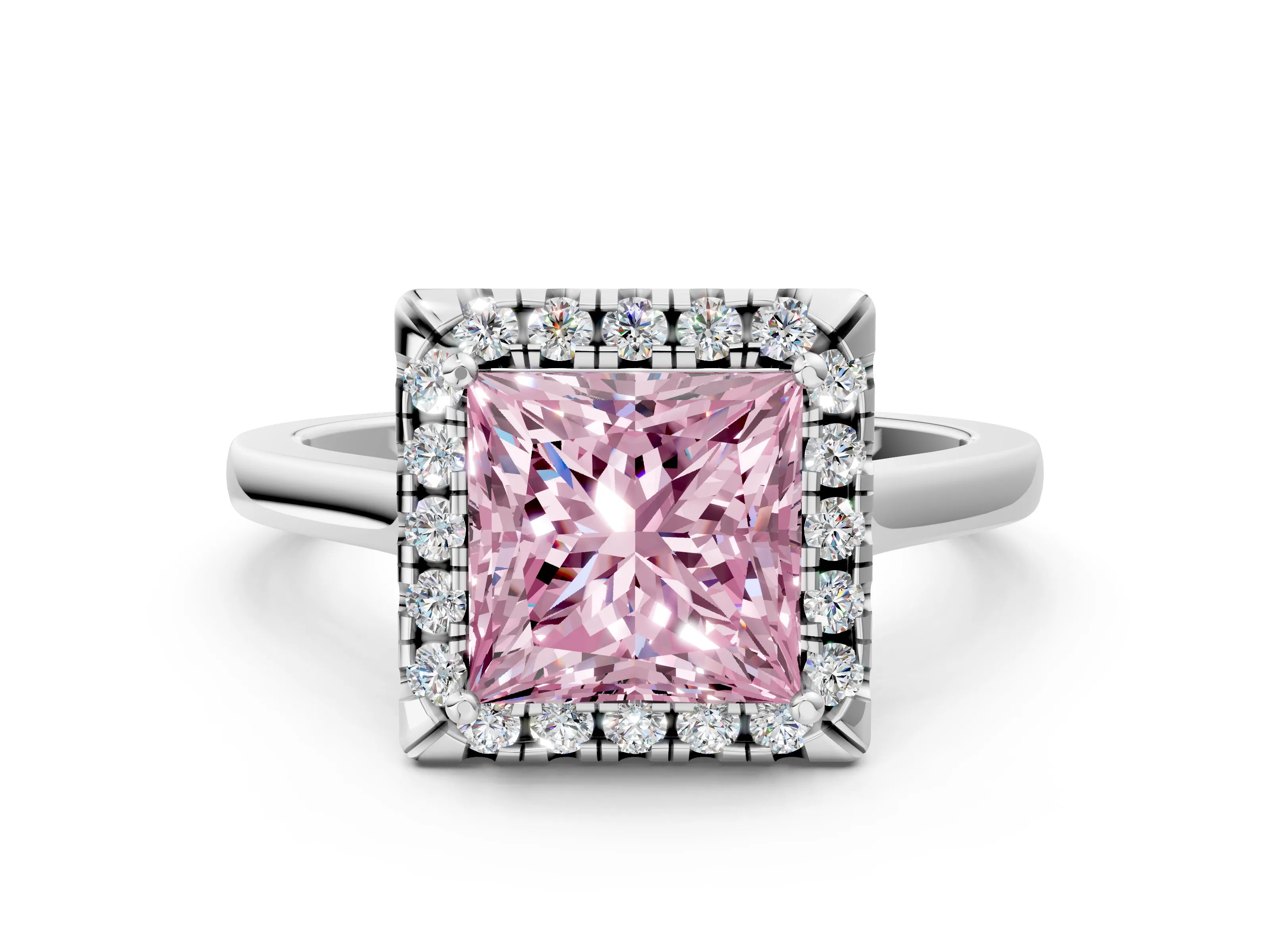 White gold Fancy Pink Princess Cut Halo Round Diamond Solitaire Ring with Pavé Band and Four-Prong Setting_12