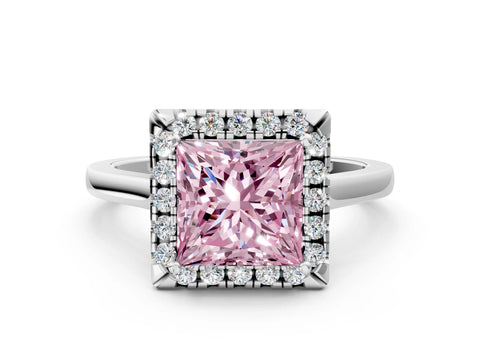 White gold Fancy Pink Princess Cut Halo Round Diamond Solitaire Ring with Pavé Band and Four-Prong Setting_12
