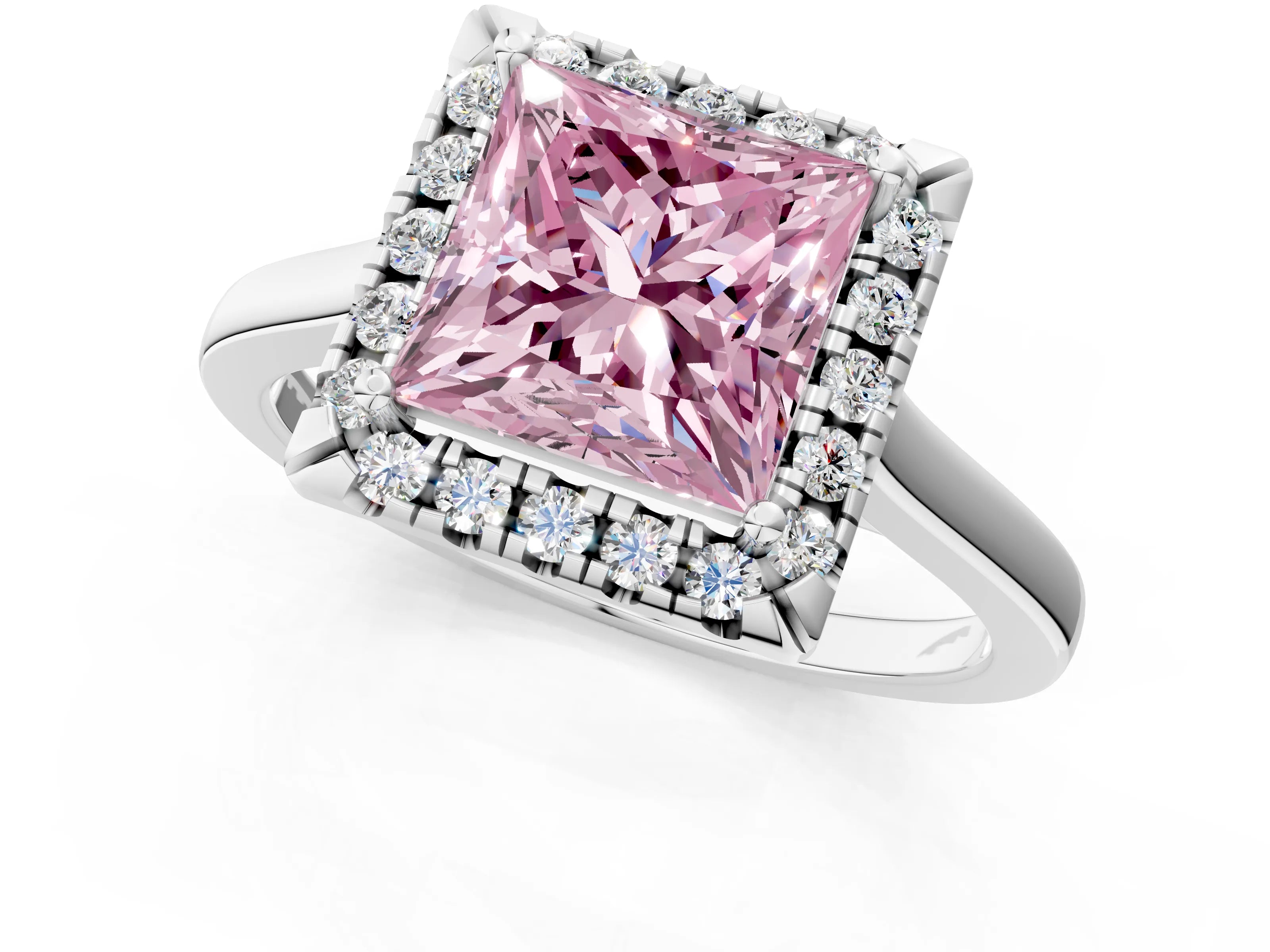 White gold Fancy Pink Princess Cut Halo Round Diamond Solitaire Ring with Pavé Band and Four-Prong Setting_13