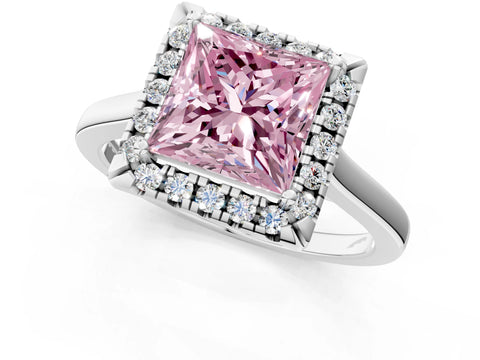 White gold Fancy Pink Princess Cut Halo Round Diamond Solitaire Ring with Pavé Band and Four-Prong Setting_13
