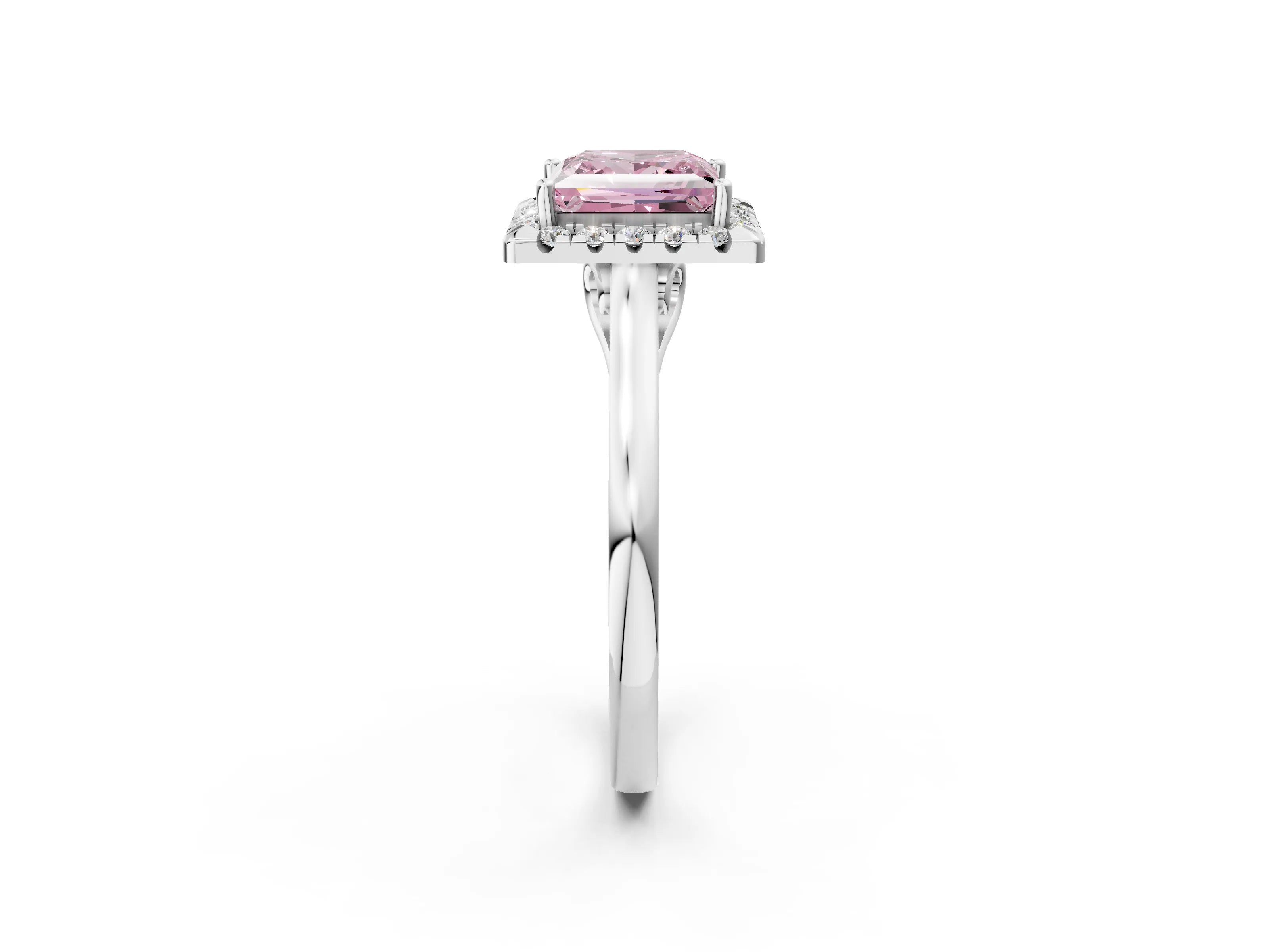 White gold Fancy Pink Princess Cut Halo Round Diamond Solitaire Ring with Pavé Band and Four-Prong Setting_14