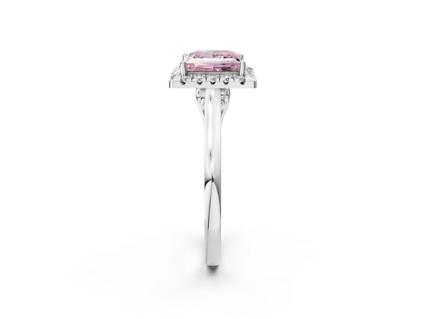 Platinum Fancy Pink Princess Cut Halo Round Diamond Solitaire Ring with Pavé Band and Four-Prong Setting