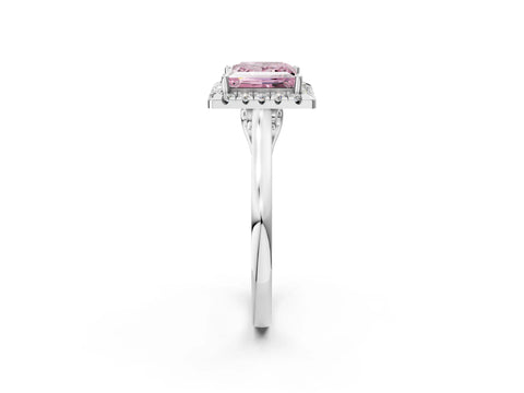 White gold Fancy Pink Princess Cut Halo Round Diamond Solitaire Ring with Pavé Band and Four-Prong Setting_14