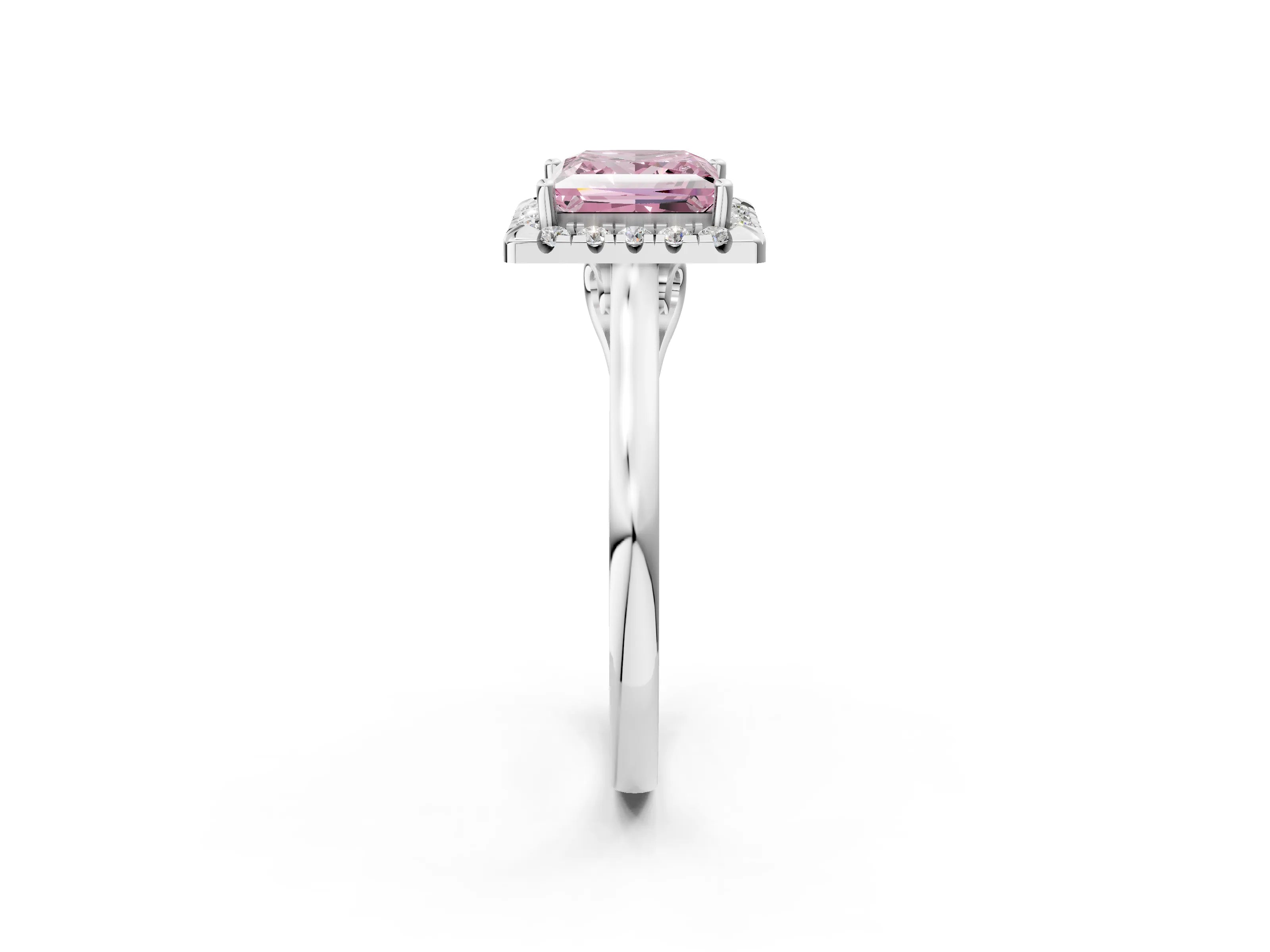 White gold Fancy Pink Princess Cut Halo Round Diamond Solitaire Ring with Pavé Band and Four-Prong Setting_14
