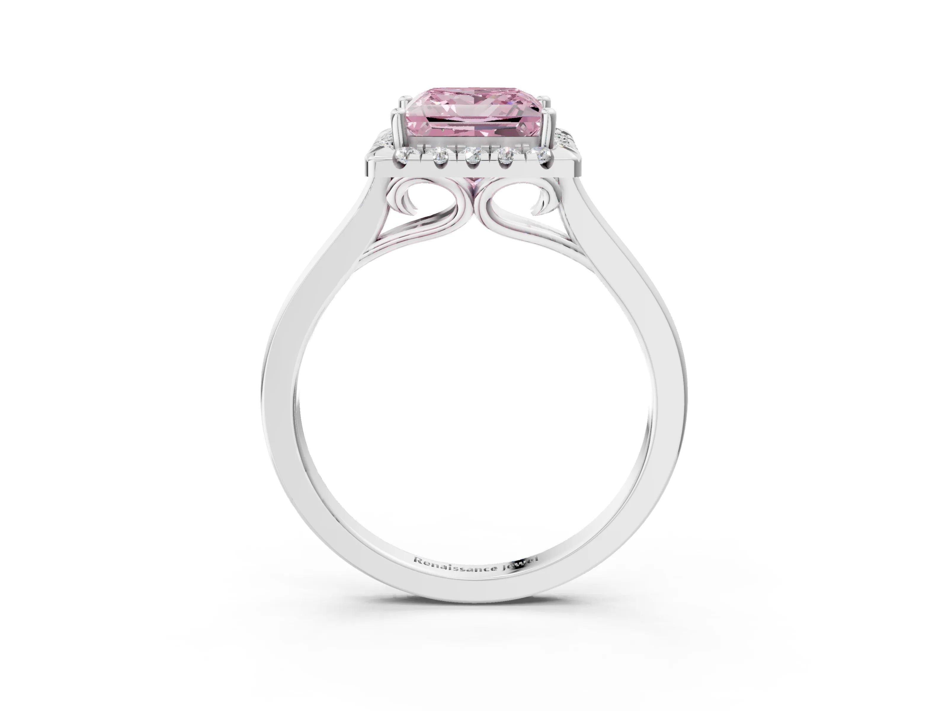 White gold Fancy Pink Princess Cut Halo Round Diamond Solitaire Ring with Pavé Band and Four-Prong Setting_15