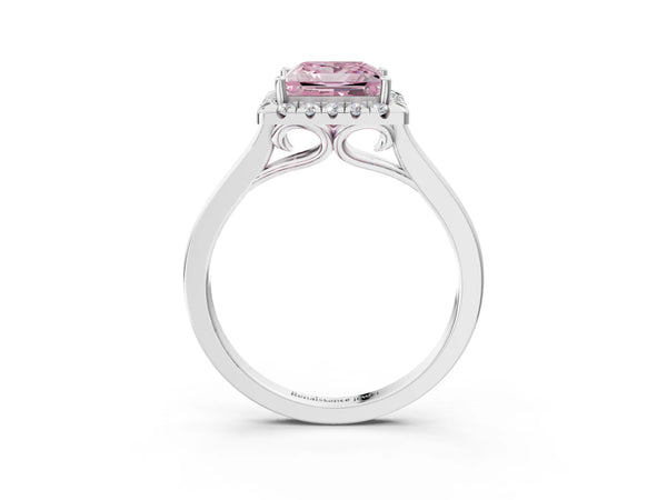 Platinum Fancy Pink Princess Cut Halo Round Diamond Solitaire Ring with Pavé Band and Four-Prong Setting