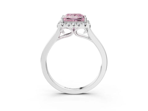 White gold Fancy Pink Princess Cut Halo Round Diamond Solitaire Ring with Pavé Band and Four-Prong Setting_15