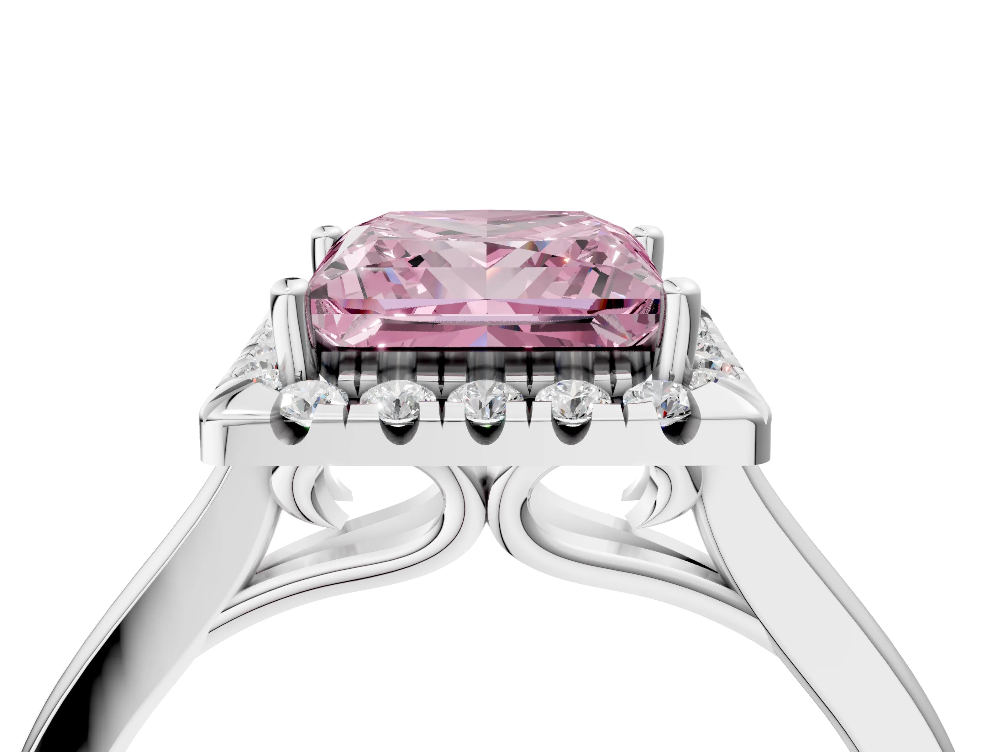 White gold Fancy Pink Princess Cut Halo Round Diamond Solitaire Ring with Pavé Band and Four-Prong Setting_16