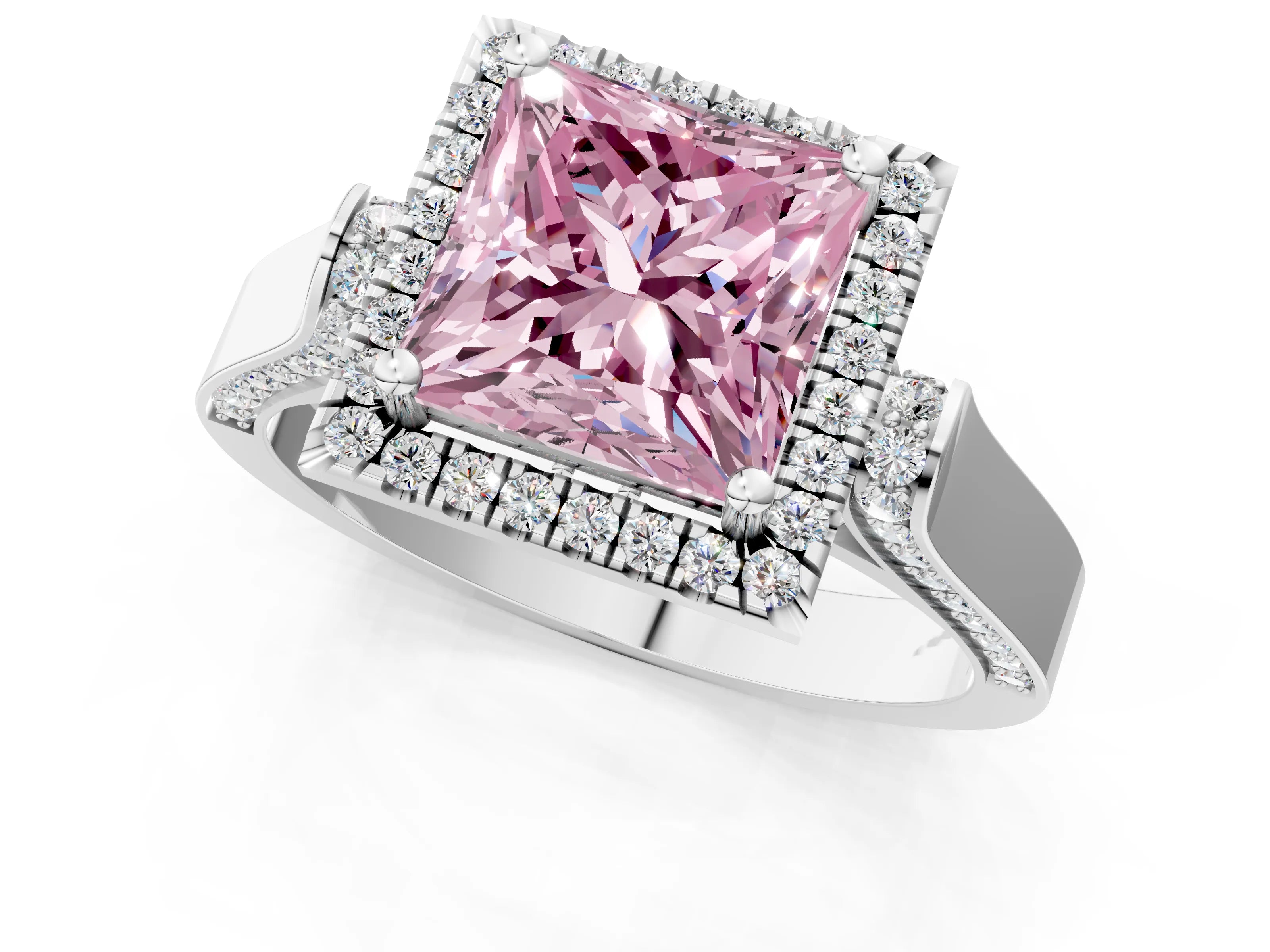 White gold Fancy Pink Princess Cut Halo Round Diamond Twist Band with Four-Prong Setting_1