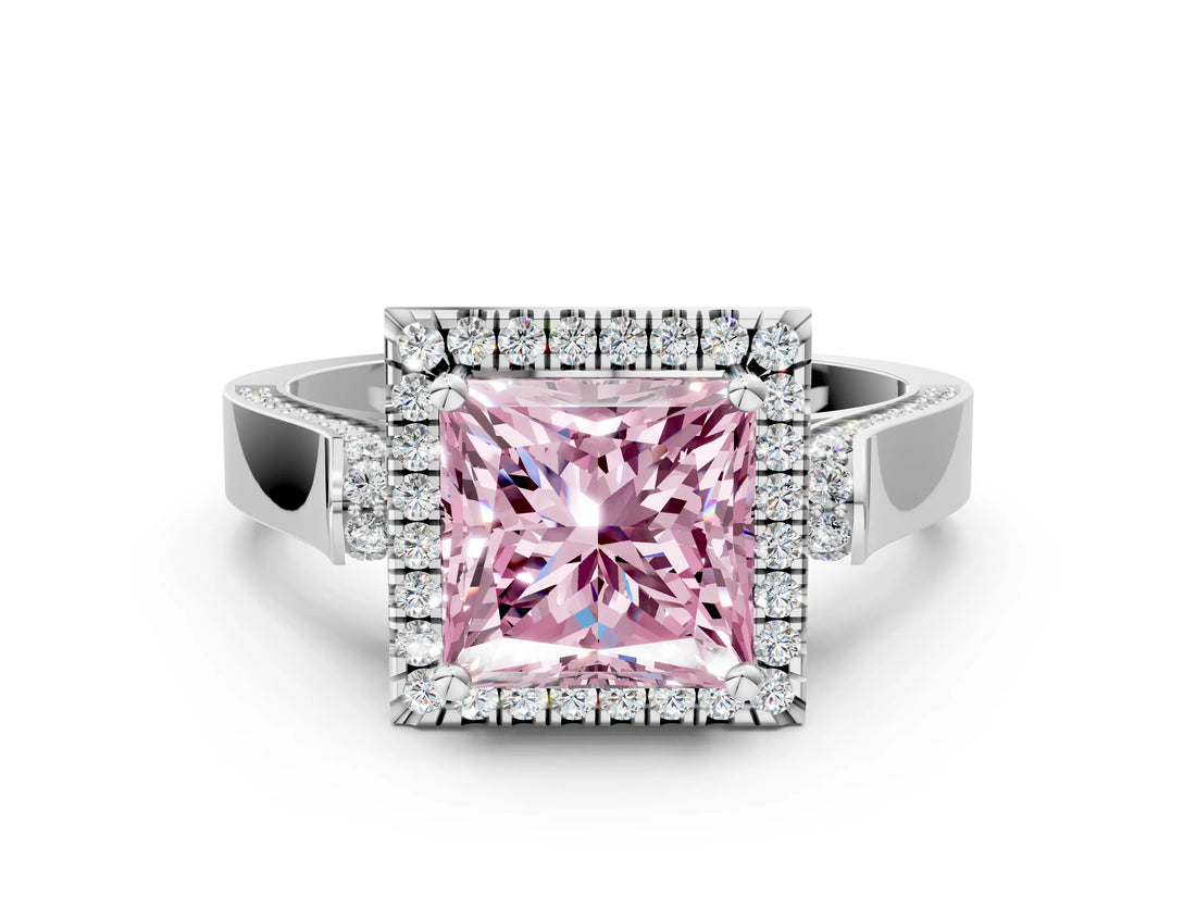 White gold Fancy Pink Princess Cut Halo Round Diamond Twist Band with Four-Prong Setting_24