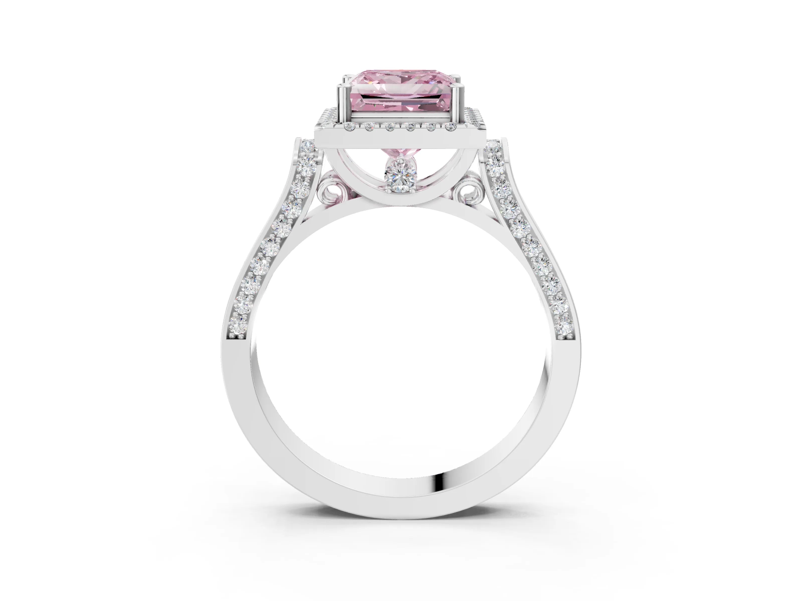 White gold Fancy Pink Princess Cut Halo Round Diamond Twist Band with Four-Prong Setting_27