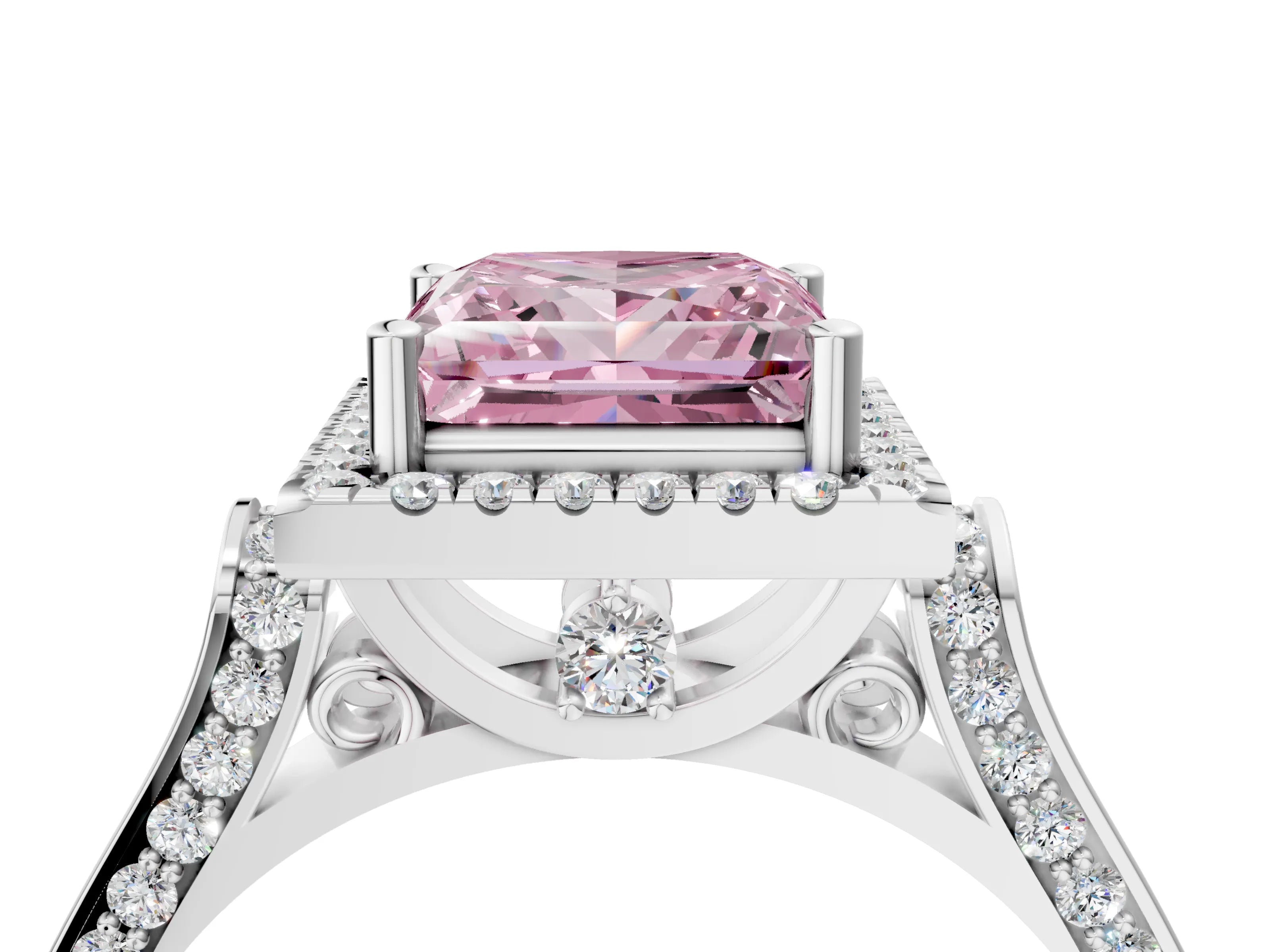 White gold Fancy Pink Princess Cut Halo Round Diamond Twist Band with Four-Prong Setting_28