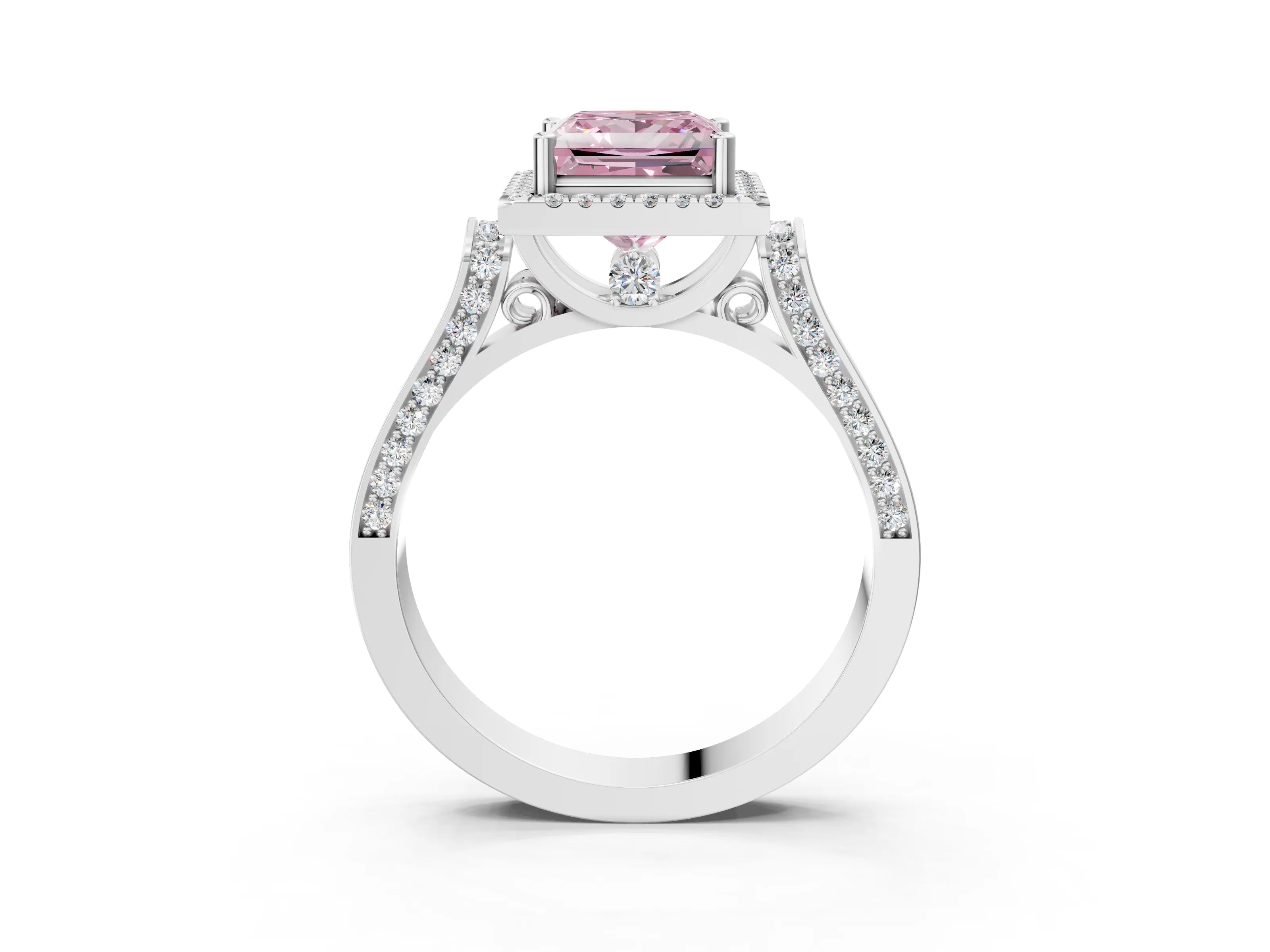 White gold Fancy Pink Princess Cut Halo Round Diamond Twist Band with Four-Prong Setting_3