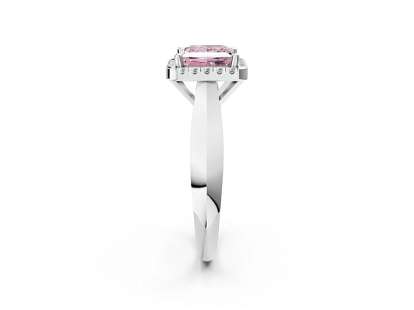 Platinum Fancy Pink Princess  Cut Halo Solitaire Engagement Ring with Square Band and Four-Prong Setting
