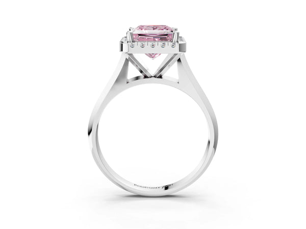Platinum Fancy Pink Princess  Cut Halo Solitaire Engagement Ring with Square Band and Four-Prong Setting