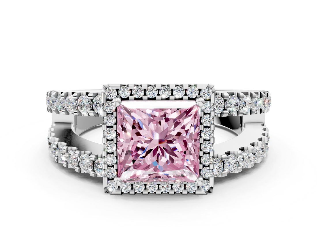 White gold Fancy Pink Princess  Cut Halo Split Shank Diamond Ring with Four-Prong Setting