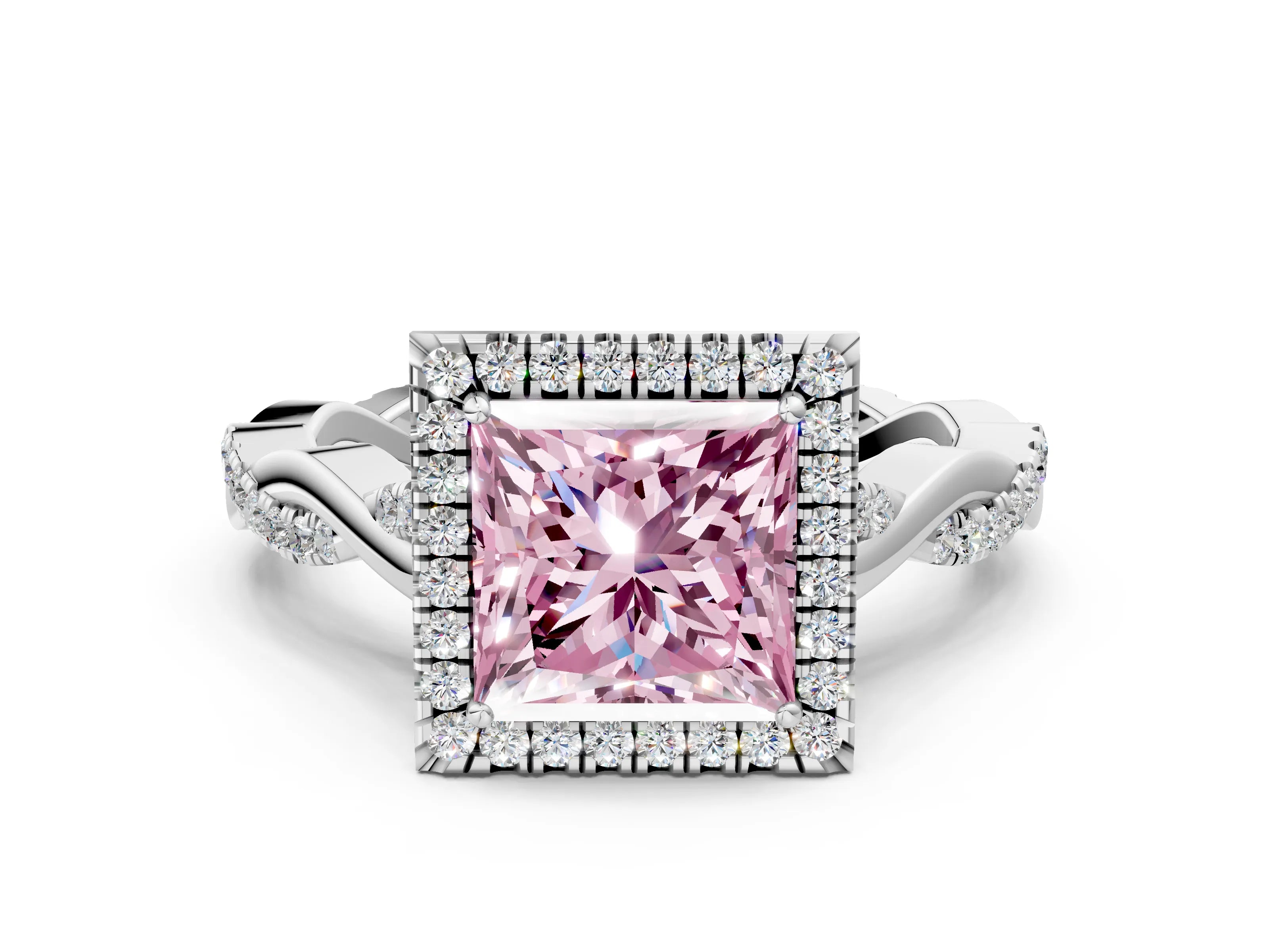 White gold Fancy Pink Princess Cut Halo Twist Band with Four-Prong Setting
