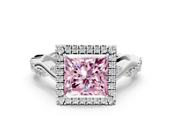 White gold Fancy Pink Princess Cut Halo Twist Band with Four-Prong Setting