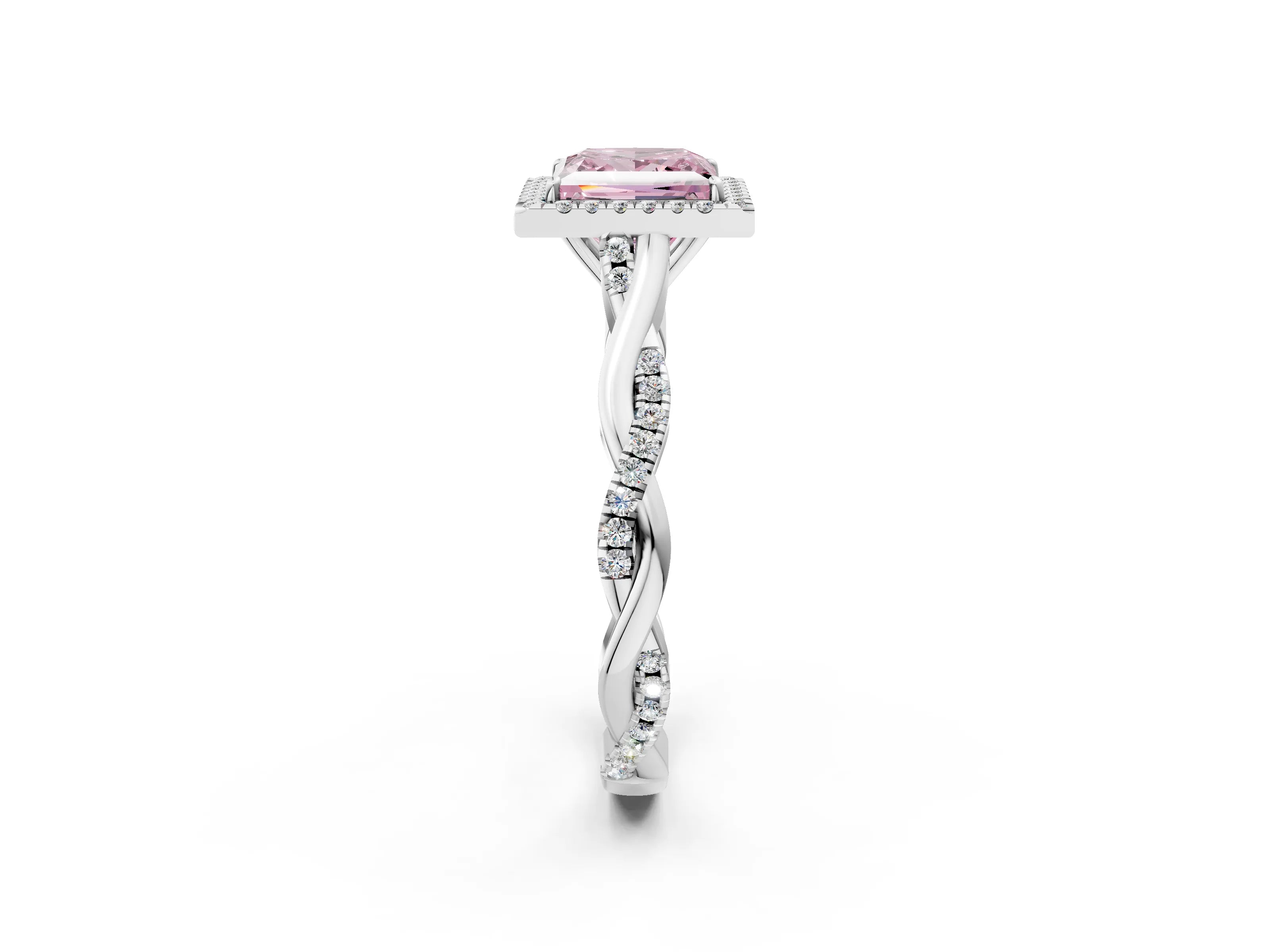 White gold Fancy Pink Princess Cut Halo Twist Band with Four-Prong Setting_74
