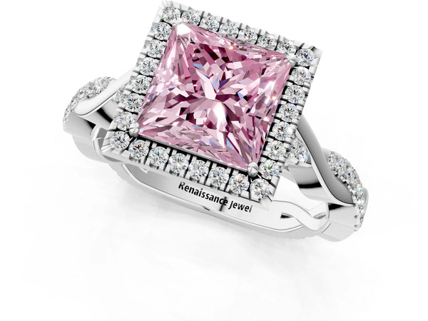 White gold Fancy Pink Princess Cut Halo Twist Band with Four-Prong Setting