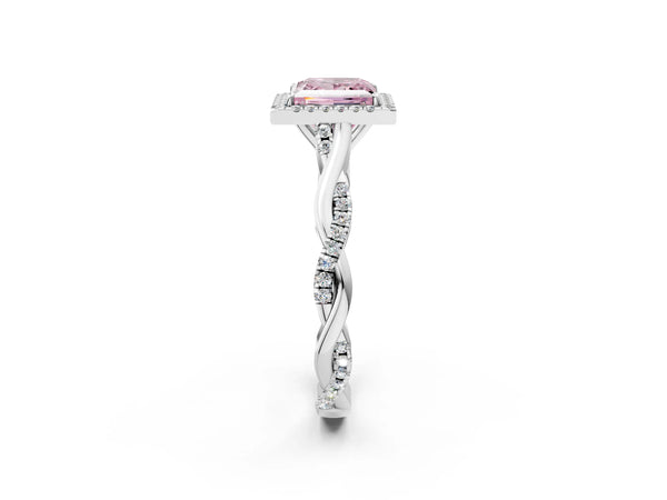 White gold Fancy Pink Princess Cut Halo Twist Band with Four-Prong Setting