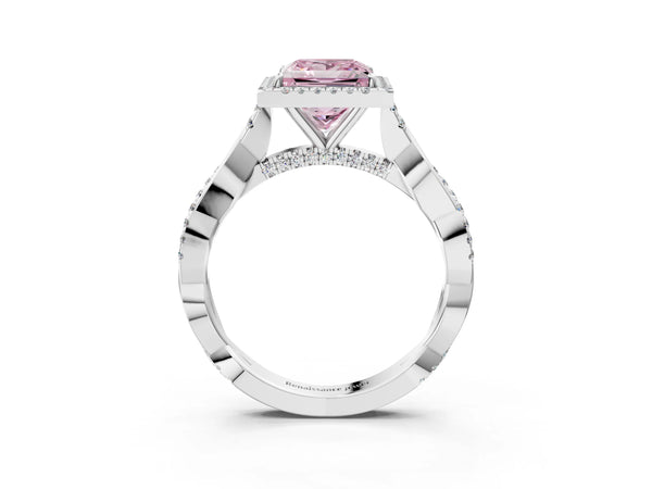 White gold Fancy Pink Princess Cut Halo Twist Band with Four-Prong Setting
